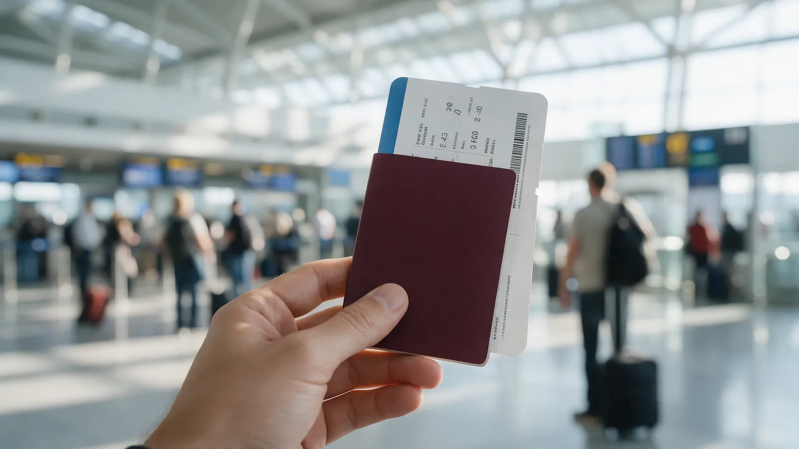 Traveller holding a passport and boarding pass in an airport transit area